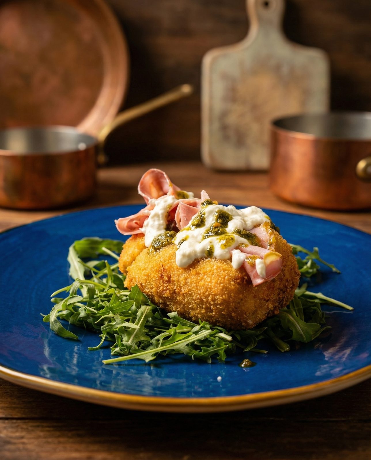 Cotoletta su piatto blu